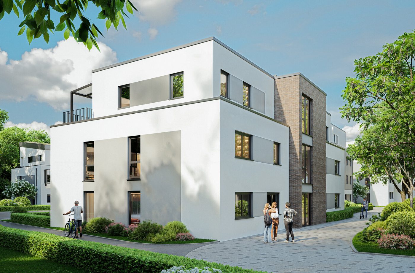 Eingangsbereich des Neubaus mit Klinkerfassade und Vorgarten