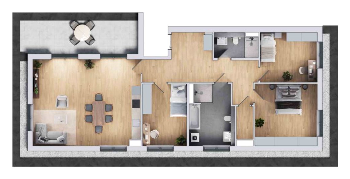 Grundriss einer 4-Zimmer-Wohnung mit ca. 128 m² im Staffelgeschoss mit Dachterrasse