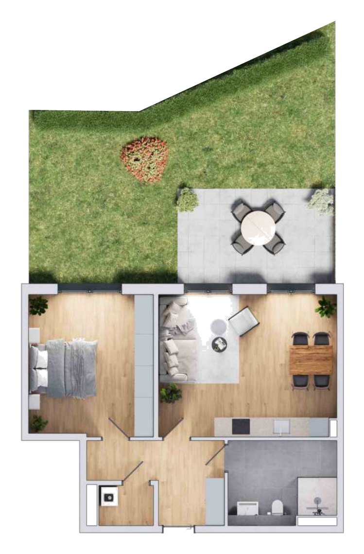 Grundriss einer 2-Zimmer-Erdgeschosswohnung mit ca. 70 m², Terrasse und Gartenanteil