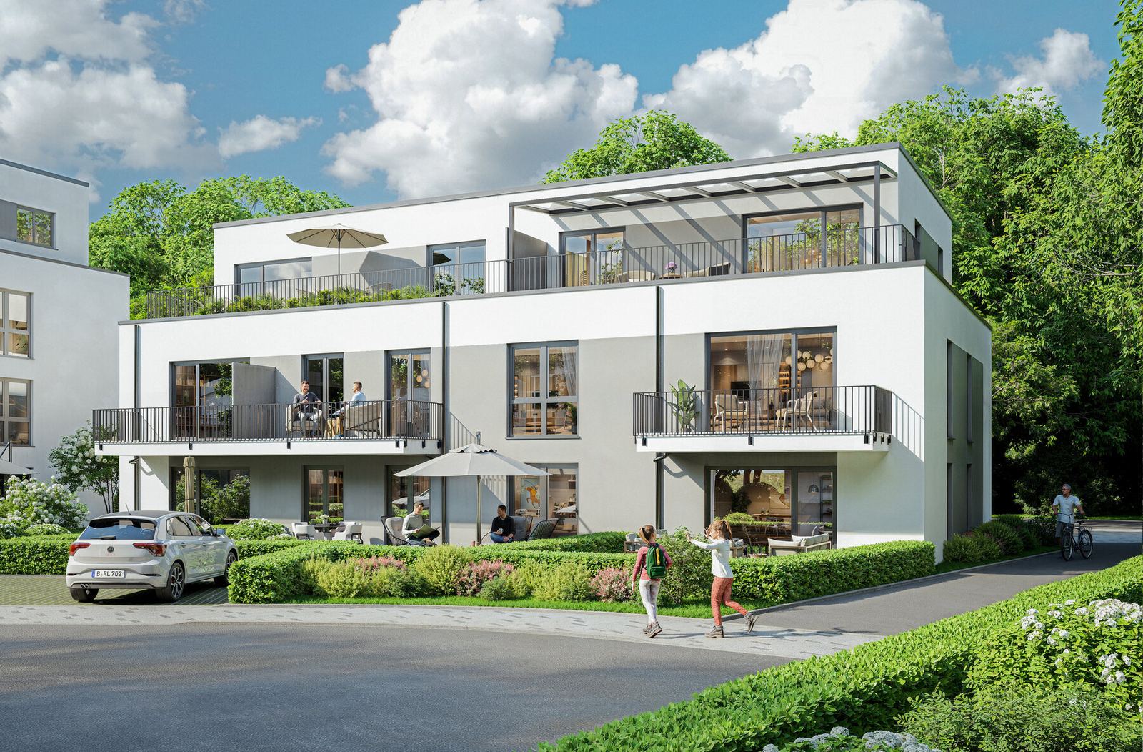 Neubau-Eigentumswohnungen an der Altenberger-Dom-Straße in Odenthal, Außenansicht mit Balkonen und Gartenanlage