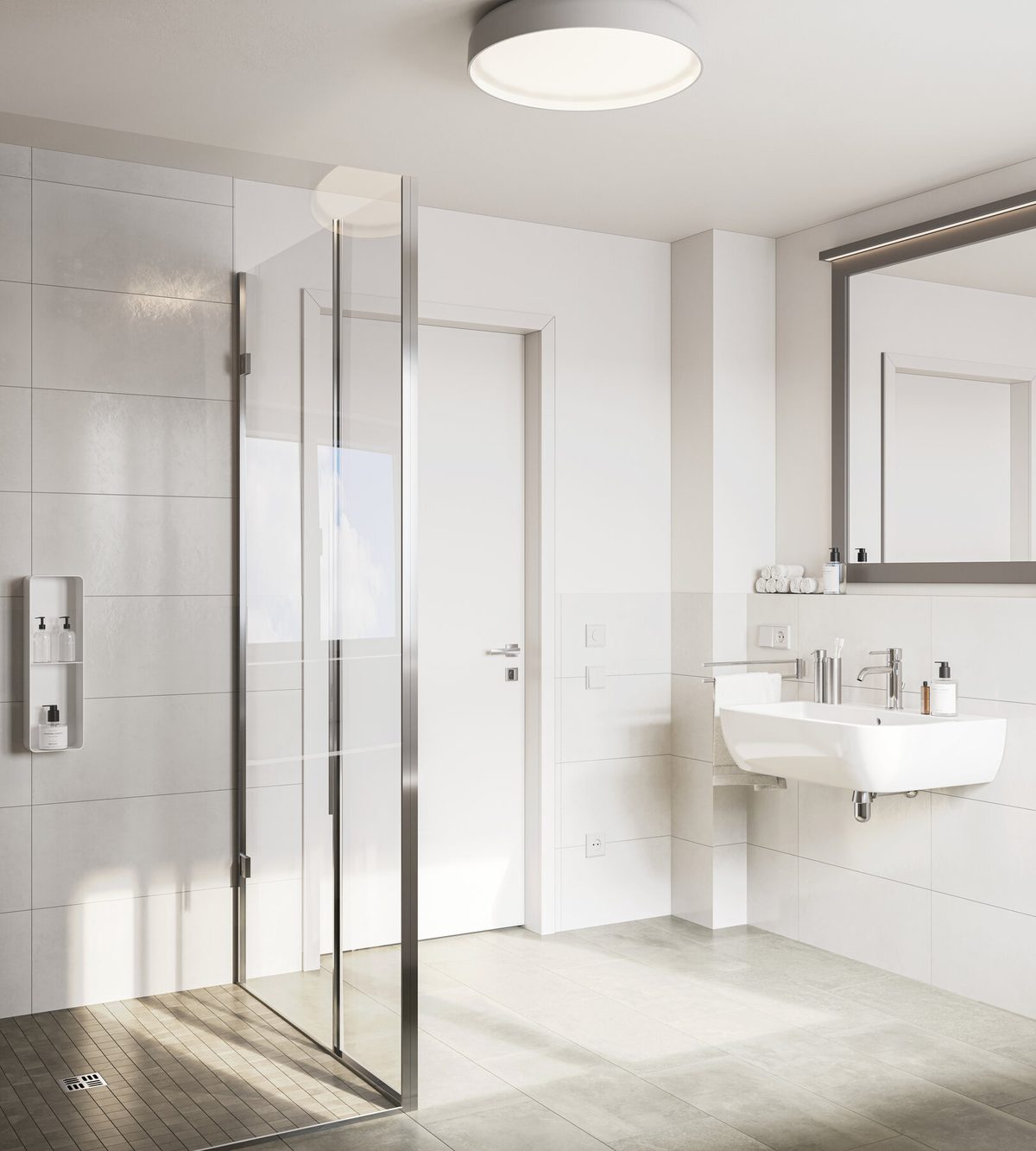 Badezimmer mit bodengleicher Dusche und Markensanitärausstattung