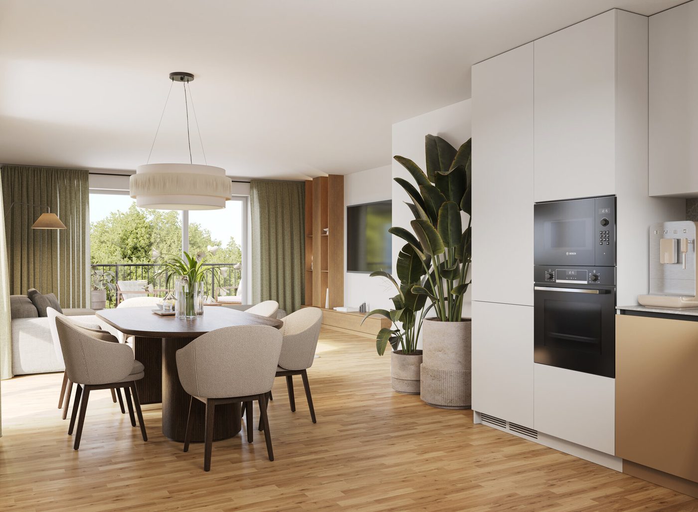 Küche mit Essplatz und Zugang zum Balkon