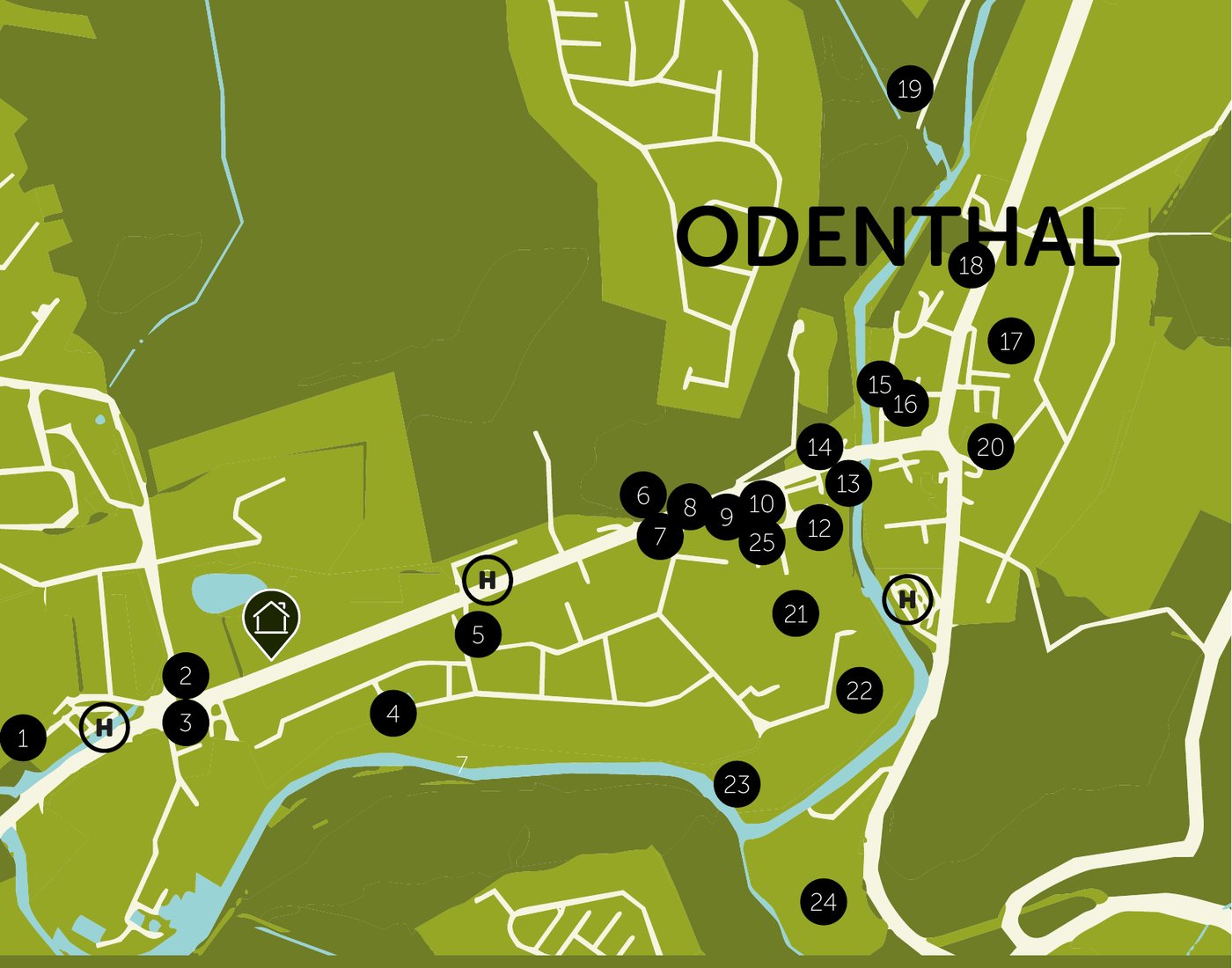 Karte von Odenthal mit dem Standort des Projekts und eingezeichneten Einkaufsmöglichkeiten, Ärzten, Schulen und Gastronomie